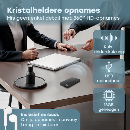 Audyn Voice Recorder - 200 heures d'enregistrement audio - écoute à distance - dictaphone - enregistrements HD à 360° - 16 Go - noir