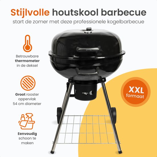 Barbecue au charbon de bois Goliving - Ø54 cm - Accessoires inclus - Barbecue au charbon de bois sur roues - BBQ XXL avec couvercle - Rond - 65 x 89 cm - Noir - Métal