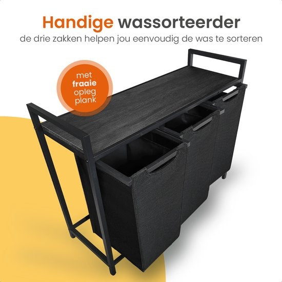Goliving Trieur de linge - Panier à linge avec 3 compartiments - Boîte à linge - Textile Oxfort/Métal/Bois - 3 x 38 Litres - 25 x 92,5 x 71 cm - Noir