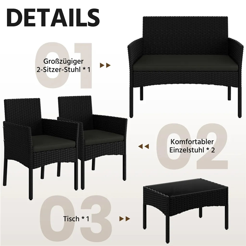 Ensemble de salon de jardin Yaheetech 4 pièces - Noir/Gris - Ensemble de mobilier de jardin en polyrotin comprenant un canapé 2 places, 2 chaises et une table basse