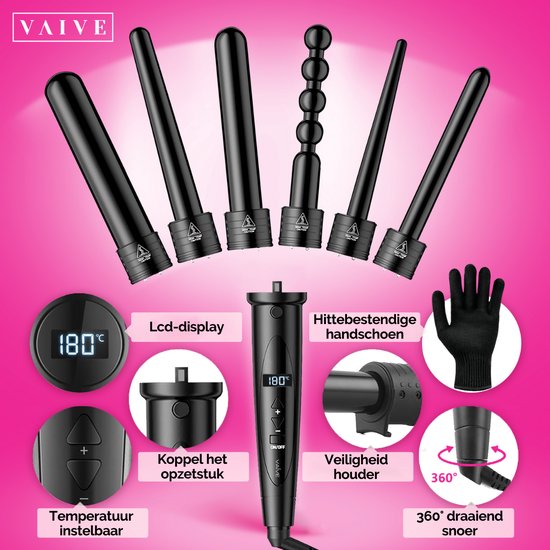VAIVE Fer à boucler avec 6 accessoires - Fer à boucler - Fer à boucler - Fer à boucler - 32mm - 19mm - 25mm