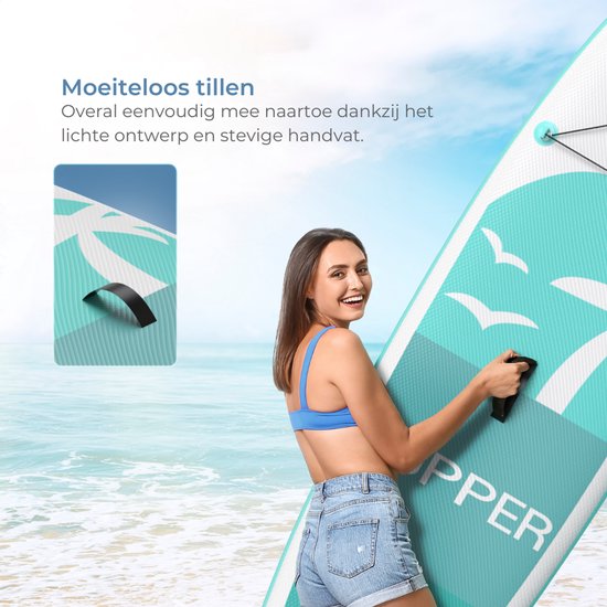 Supper Sup Board - Max. 120KG - Gonflable - Planche à pagaie - Pompe - Aileron - Leash - Sac de transport - 285 x 76 cm - Turquoise