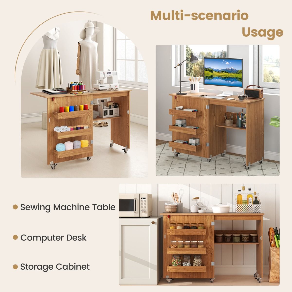 Table de couture pliable Coast - Station de loisirs créatifs mobile avec étagère de rangement - Trois bacs de rangement dissimulés - Couleur naturelle - 118,5 x 40 x 79,5 cm