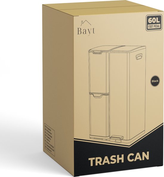 Bayt Poubelle - Poubelle 60 litres - Poubelle 60 litres - Poubelle à pédale 60 litres - Poubelle tri sélectif - Poubelle 3 compartiments - Poubelle - inox - Silver