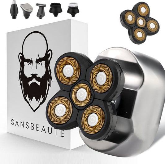 Rasoir pour homme 6-en-1 + tête de rasage supplémentaire - Tondeuse - Sansbeauté® SkullSharp Platinum - Rasoir pour crâne - Rasoir électrique pour le visage et la tête - Rasage de la tête - Wet & Dry - Electrique