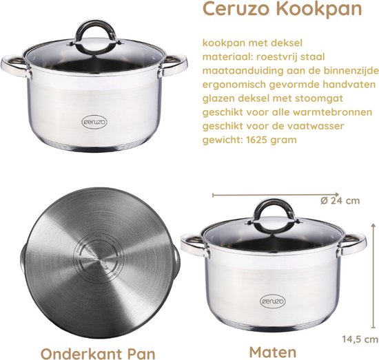 Ceruzo Poêle de cuisson - acier inoxydable - Diamètre 24 cm - H 14,5 cm - 6,3 L - toutes sources de chaleur