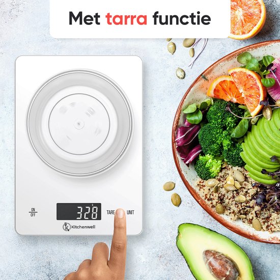Kitchenwell Balance de cuisine numérique de précision - Balance de cuisine - 1gr - 15kg - Fonction tare - Rechargeable par USB - Blanc