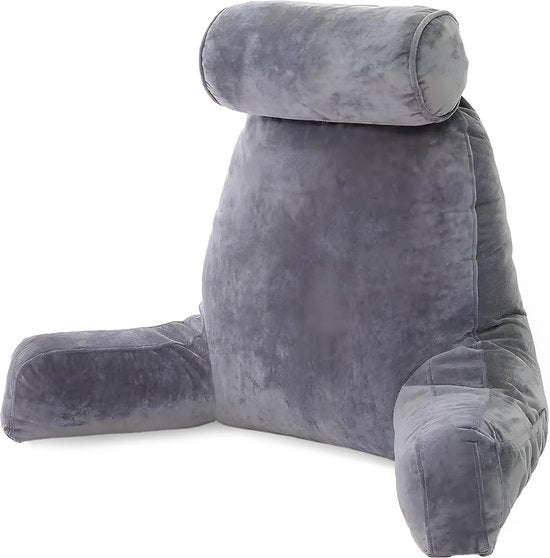 Coussin de lecture Sleeptight, coussin ergonomique pour le dos – Équipé d'un coussin cervical amovible, d'une poche de rangement pratique et d'un rembourrage en mousse indéformable – Pour le lit et le canapé – Tissu gris – 53 cm de long, 60 cm de large et