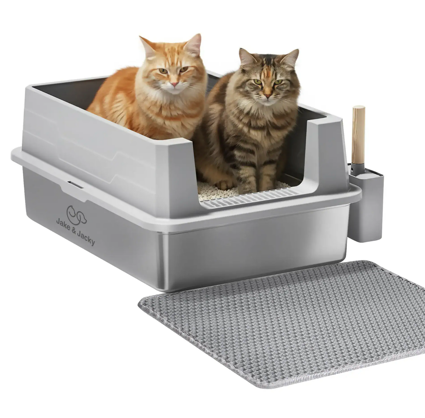 Bac à litière ouvert Jake & Jacky en acier inoxydable XXL - pour grands chats - avec pelle à litière, support et tapis de protection contre les projections