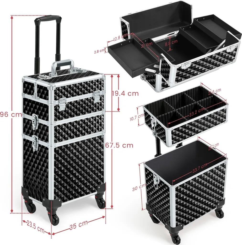 Valise à roulettes 3-en-1 pour produits cosmétiques avec compartiments amovibles et poignée télescopique, noire