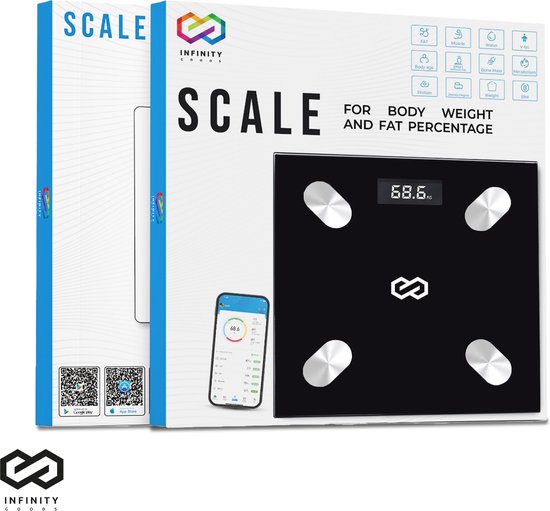 Infinity Goods Pèse-personne numérique avec application - Pèse-personne intelligent - Pèse-personne intelligent avec analyse corporelle - Noir