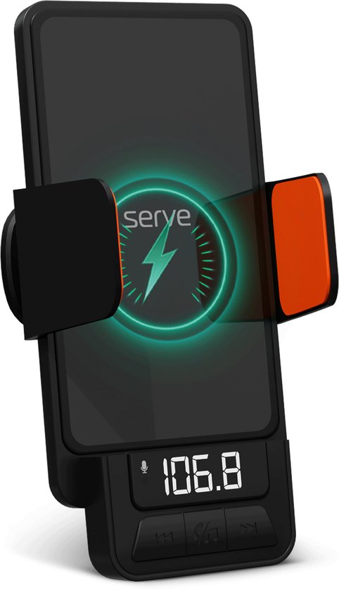 Serve 3in1 Bluetooth FM Transmitter, Phone Holder Car & Wireless Fast Charger 15W - Car Kit for Music - Phone Holders Car Accessories - Touchless Car Charger - Ventilation Holder