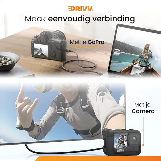 Drivv. Câble Premium Micro HDMI vers HDMI 2.1 - 8K 60Hz / 4K 120Hz Ultra HD - Convient aux caméras, GoPro, ordinateurs - 1 mètre - Gris