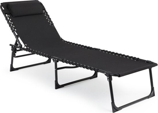 909 OUTDOOR Chaise longue pliable - Chaise longue avec coussin et dossier réglable - Chaise de jardin noire pour le jardin et la terrasse - Chaise de relaxation jusqu'à 110 kg max - 189 x 59 x 30 cm