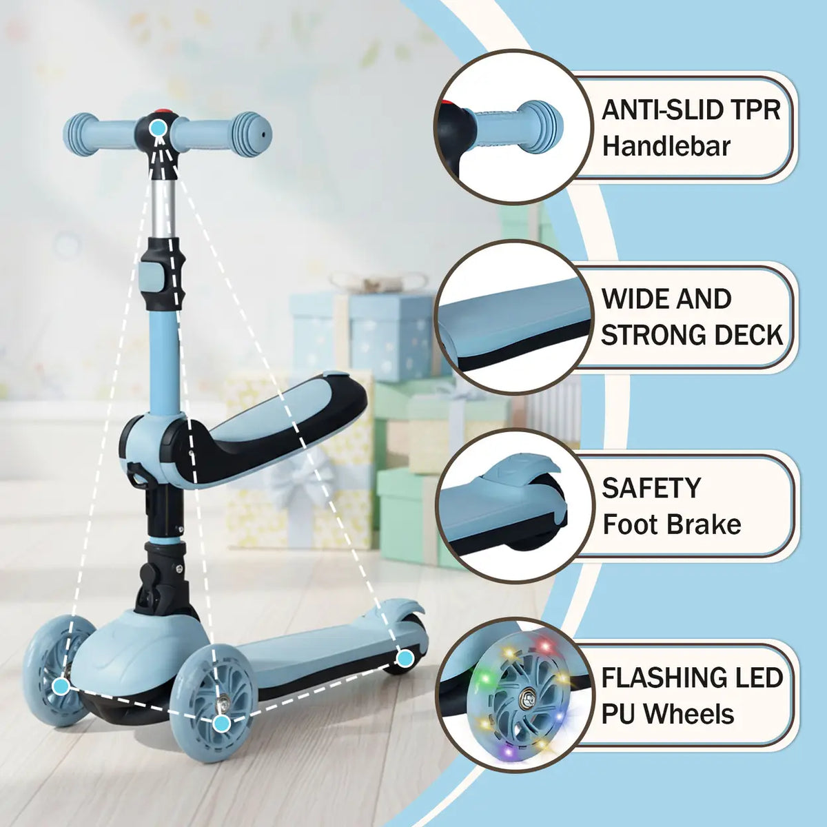 Trottinette pour enfants Neuleb à 3 roues - Bleu ciel - Avec siège, roues lumineuses et 2 réglages de hauteur - À partir de 3 ans