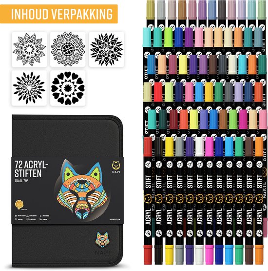 NAPI 72 marqueurs acryliques Dual Tip - Twinmarkers - Marqueurs peinture Happy Stones - Peinture sur pierre avec marqueurs peinture acrylique - Adultes et enfants - 5 modèles de mandalas inclus