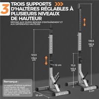 Support à haltères réglable pour squats, 135,5–190,5 cm, avec supports de poids et barres de sécurité, 300 kg