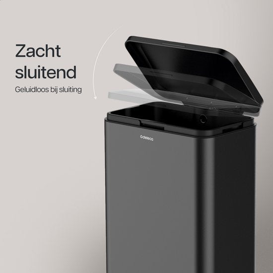 Deleca Trashcan Prestige - 50 Litres - Large - Poubelle / Corbeille à papier / Poubelle à pédale en acier inoxydable - Avec pédale et fermeture lente - Noir mat