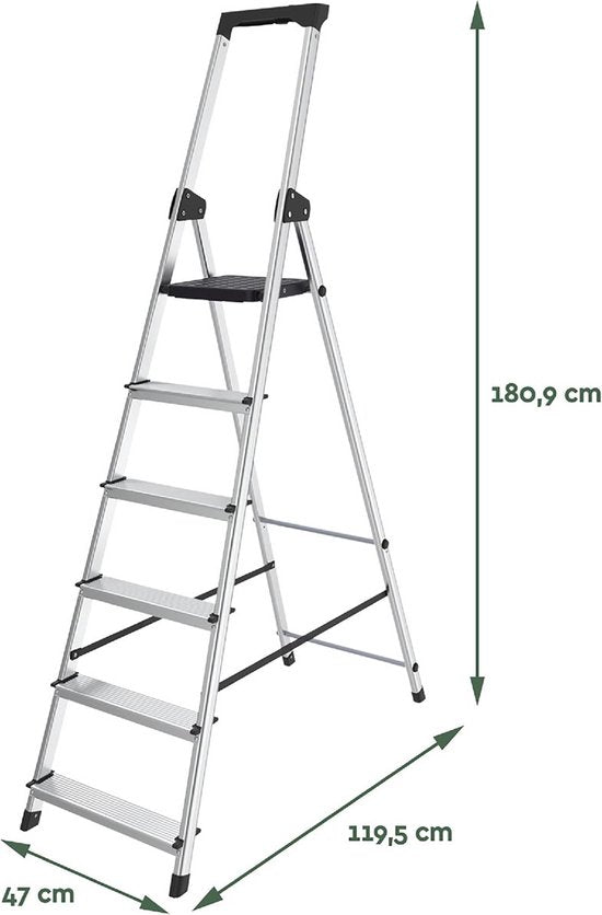 BRASQ Échelle ménagère 6 marches argent - Échelle de cuisine pliable en aluminium pour usage privé et professionnel - Échelle d'escalier - Antidérapant