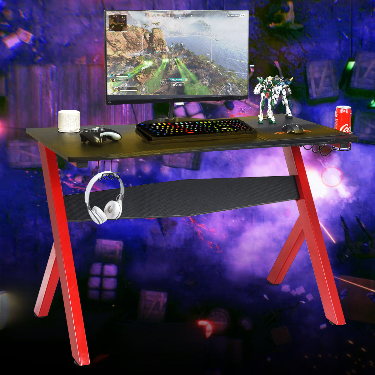 Coast GamingTable Table d'ordinateur Table de jeu avec porte-gobelet, porte-casque et tapis de souris pour la maison, le bureau et la salle de jeux