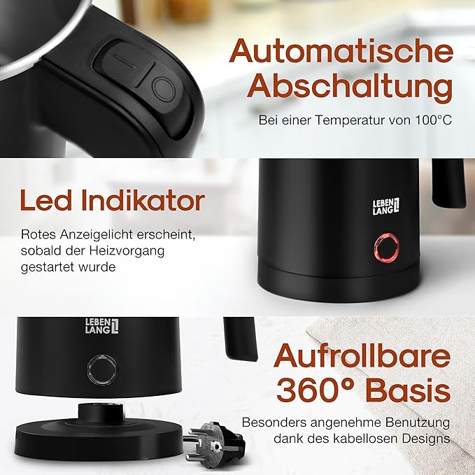 Bouilloire électrique Lebenlang LBL2319 - 0.5L - acier inoxydable - 600W - Noir