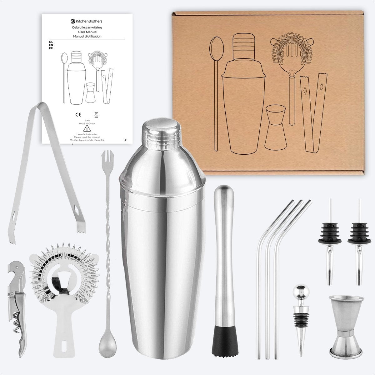 KitchenBrothers Cocktail Set with Cocktail Shaker - 13 Pieces - Complete Set - Gift Box - stainless steel