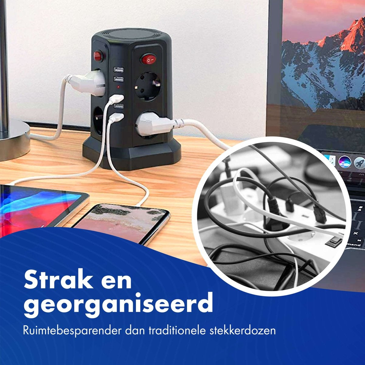 Prise avec interrupteur et USB - Boutons marche/arrêt à économie d'énergie - Bloc d'alimentation - Powercube - Noir - Câble de 3 mètres