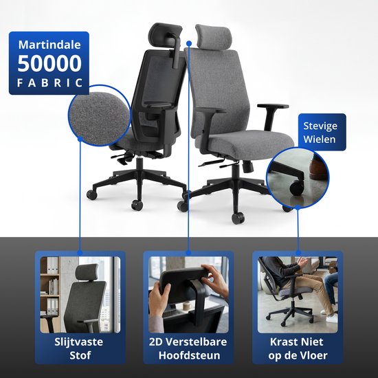 Chaise de bureau ergonomique Backerz - Chaises de bureau pour adultes jusqu'à 160 kg - Chaise de bureau en tissu - NEN-EN1335
