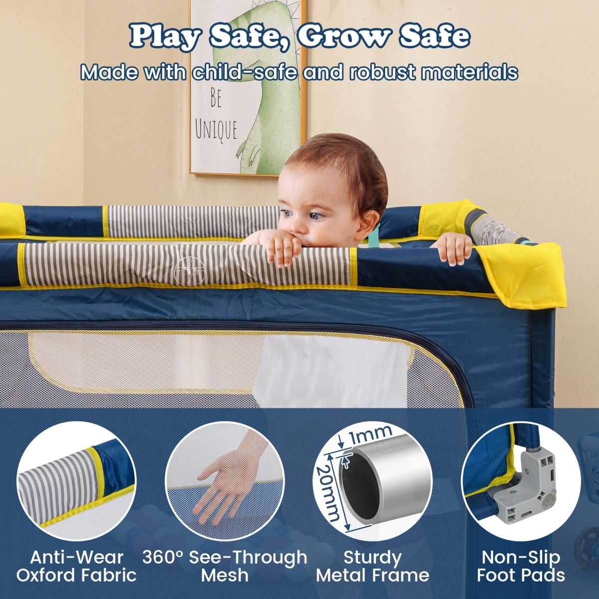Parc pliable pour bébé Coast 127 x 127 x 72,5 cm - 50 balles et 4 anneaux à tirer - Porte à fermeture éclair - Bleu