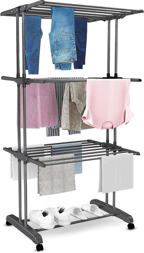 Vonia Tour de séchage - Portoir à vêtements - Portoir à linge - 3 couches - Pliable - 72x50x172 cm - Gris foncé
