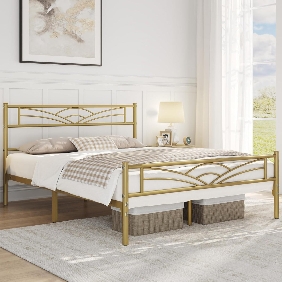 Yaheetech : cadre de lit en métal 140 x 200 cm – Or antique – Lit moderne pour enfant avec sommier à lattes et grand espace de rangement