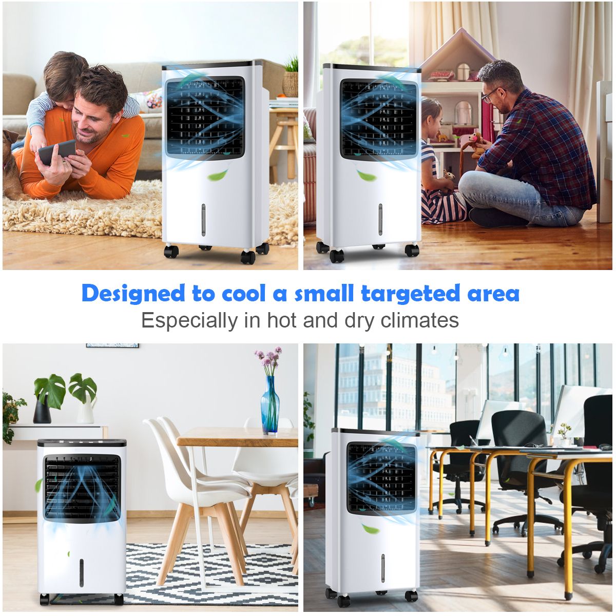 Climatiseur portable Coast - Climatiseur par évaporation 4-en-1 - Réservoir d'eau de 8 litres - Oscillation à 70° - Noir/blanc