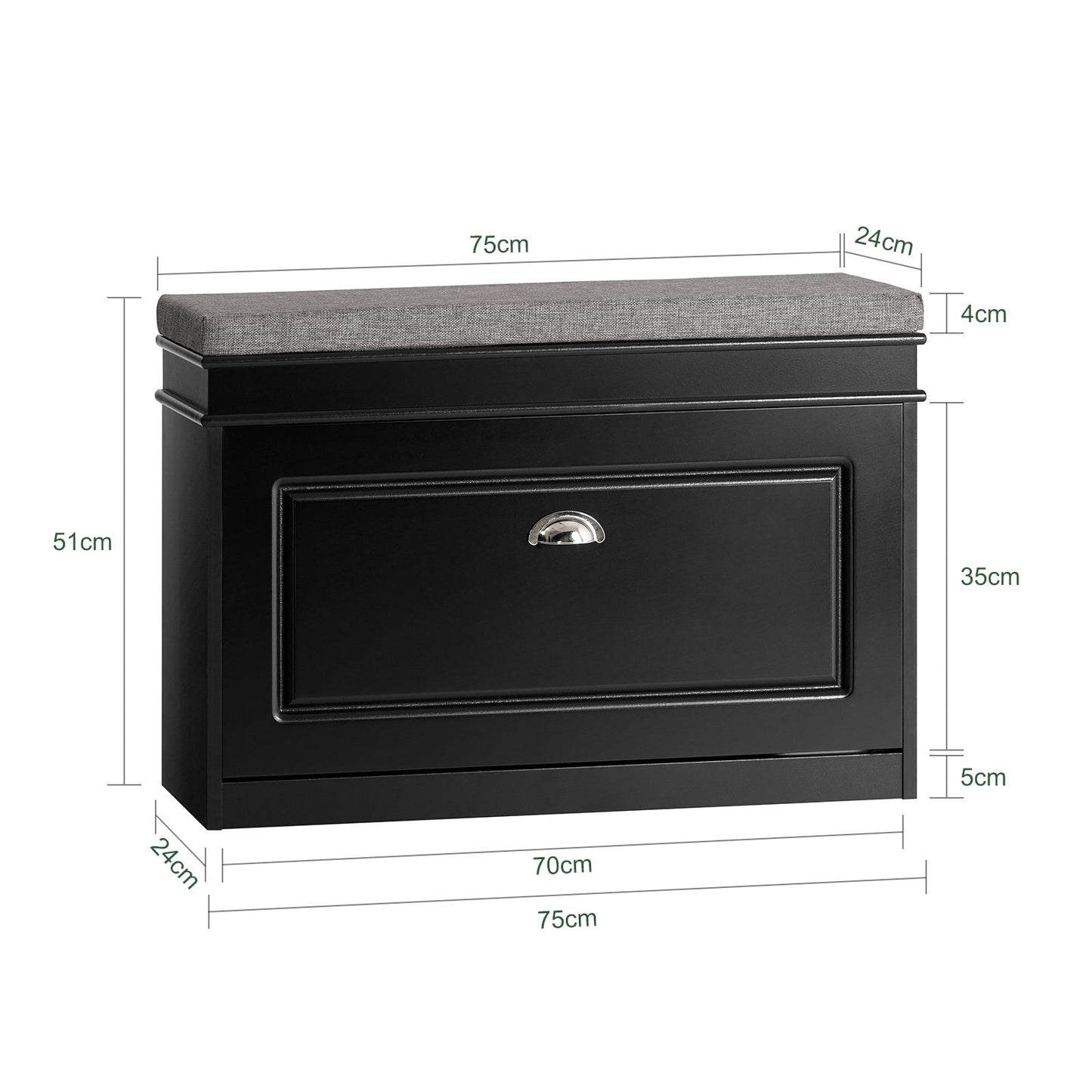 SoBuy Meuble à chaussures avec assise rembourrée - MDF - Max. 150 kg - 75 x 24 x 51 cm - Noir/ Gris