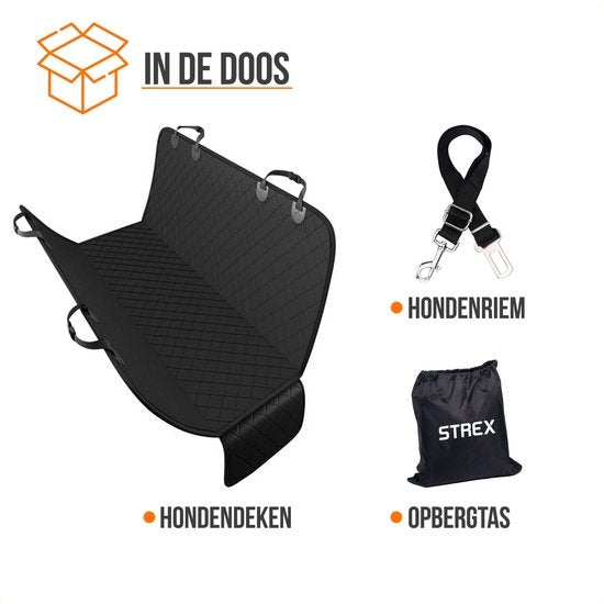 Strex Couverture pour chien Siège arrière et coffre de la voiture - 137 x 147 CM - Housse de protection - Tapis pour chien - Tapis de voiture Siège arrière - Laisse pour chien et sac de rangement inclus - NOIR