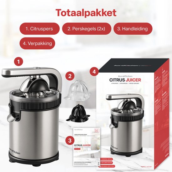 AoraKitchen Presse-agrumes - Presse-orange électrique - 600ML - Presse-citron - 160W - Extracteur de jus - 2 cônes de pressage