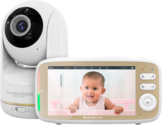 Vulpes Goods® Babycare - Baby Monitor avec caméra - Baby Monitor avec caméra et VOX - écran FULL HD de 5 pouces - télécommandable - Baby Camera - Baby Monitors with Sound Detection - Nightvision - PRO Version - White