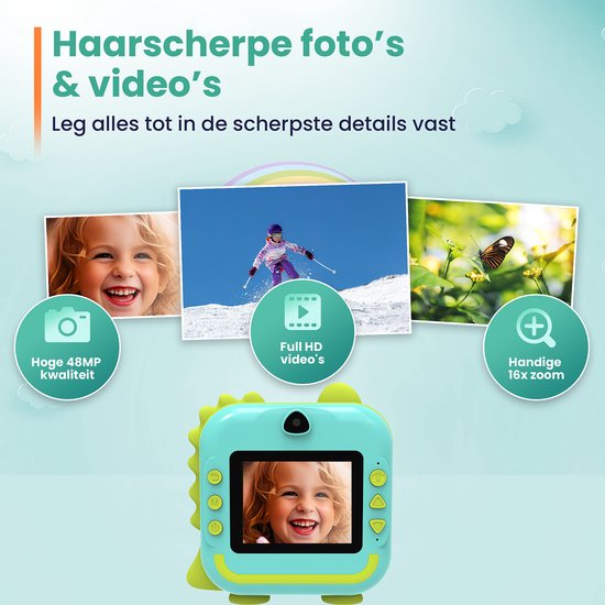 ODESSEY Caméra pour enfants avec imprimante - Full HD - Caméra Selfie - Carte SD 32GB - Photo - Vidéo - Jeux - Caméra numérique pour enfants - Caméra photo pour enfants - Dino