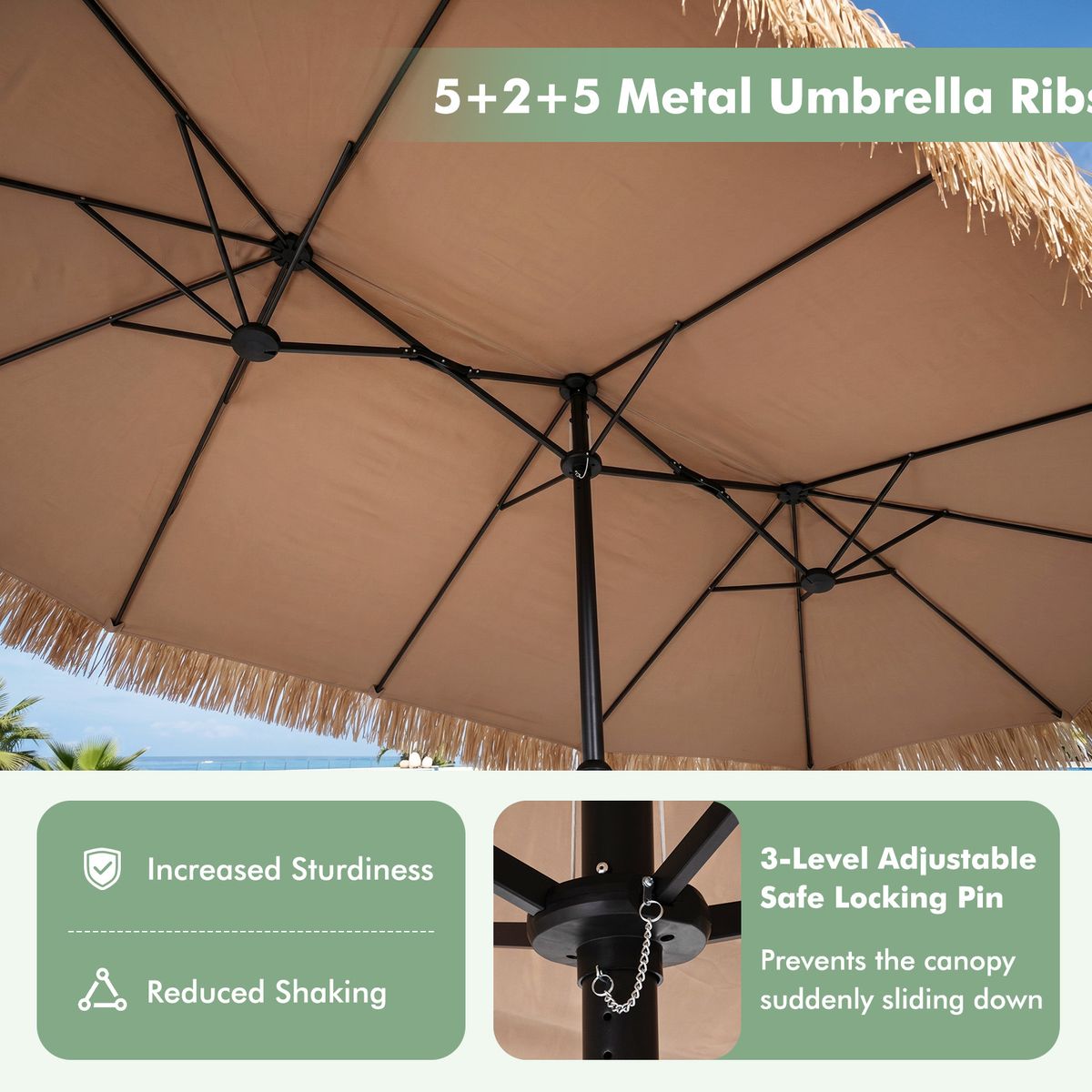 Parasol double en paille Coast - style hawaïen tropical - sans lampe, sans pied de parasol - 450 x 270 cm - couleur naturelle