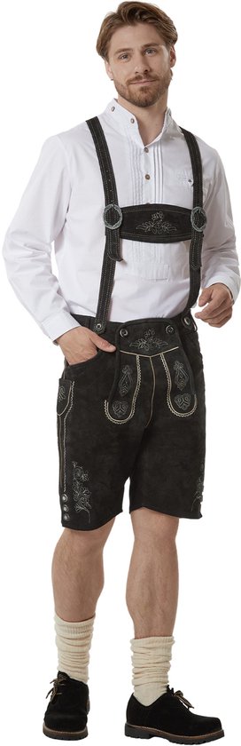 dressforfun - Authentique Lederhosen courte Jannis - Avec ceinture et bretelles - Cuir véritable - Noir - 54 - Oktoberfest Dress Man - Costume d'homme - Dress Up - Costume allemand - Robe de carnaval - Gilet de costume - Pantalon traditionnel en cuir