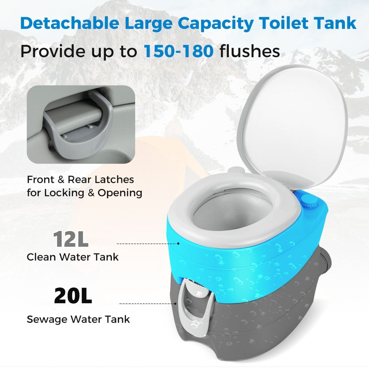 Toilette de camping portable Coast - Réservoir d'eau 20L détachable - avec pompe de chasse d'eau - 45 x 40 x 42 cm - Gris