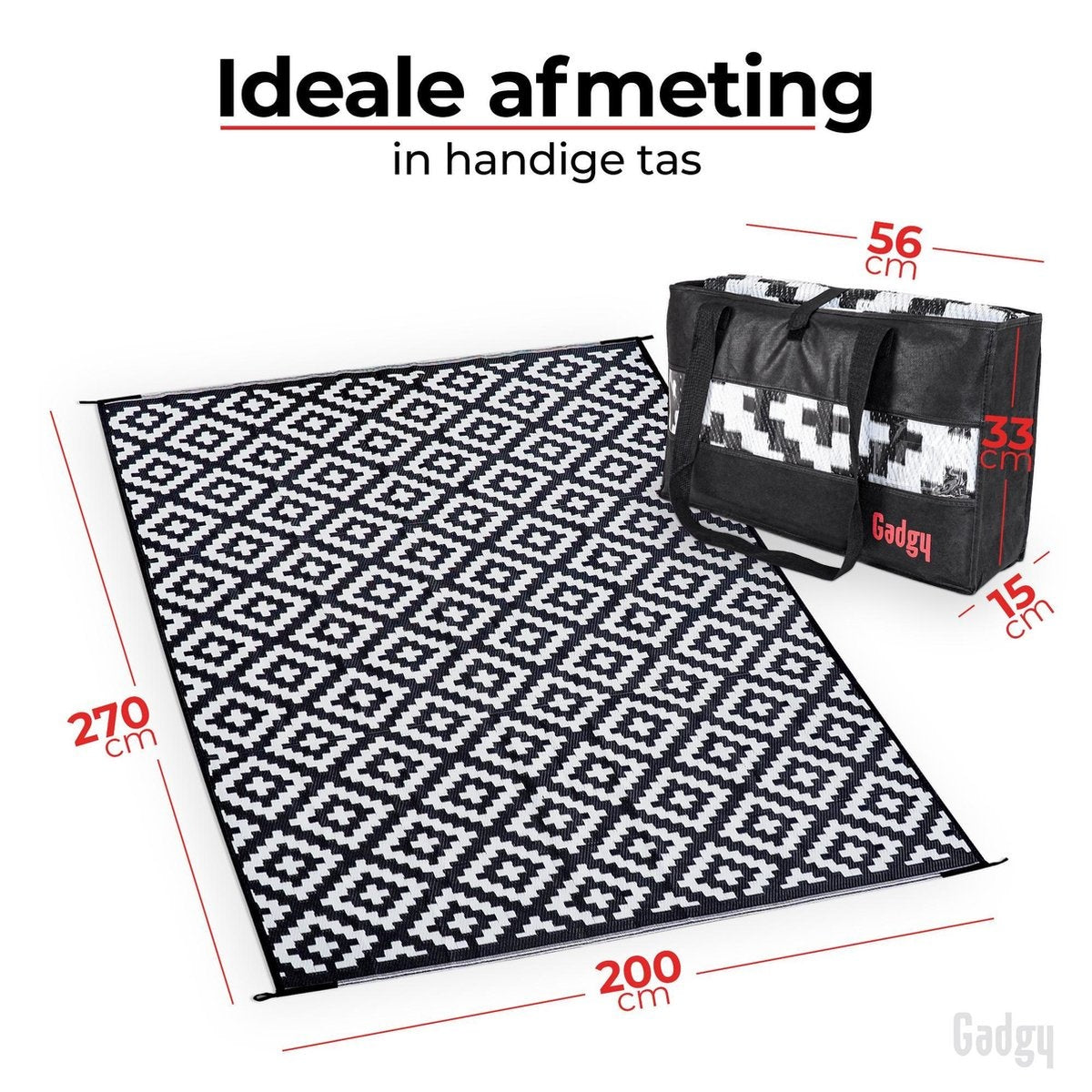Gadgy Buitenkleed Vloerkleed Buiten XXL - 270x200 cm - Tuintapijt Dubbelzijdig - Picknickkleed Zwart Wit - Buitentapijt