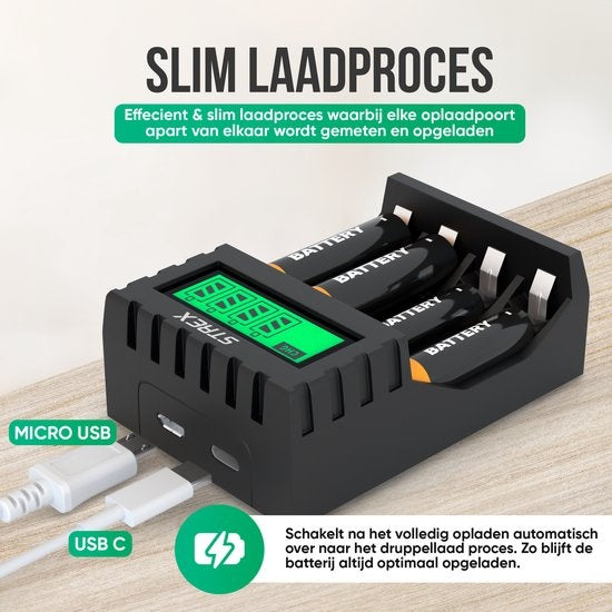 Strex Battery Charger - AA/AAA Batteries - USB Rechargeable - LCD Display - Universal Battery Charger For Rechargeable Batteries