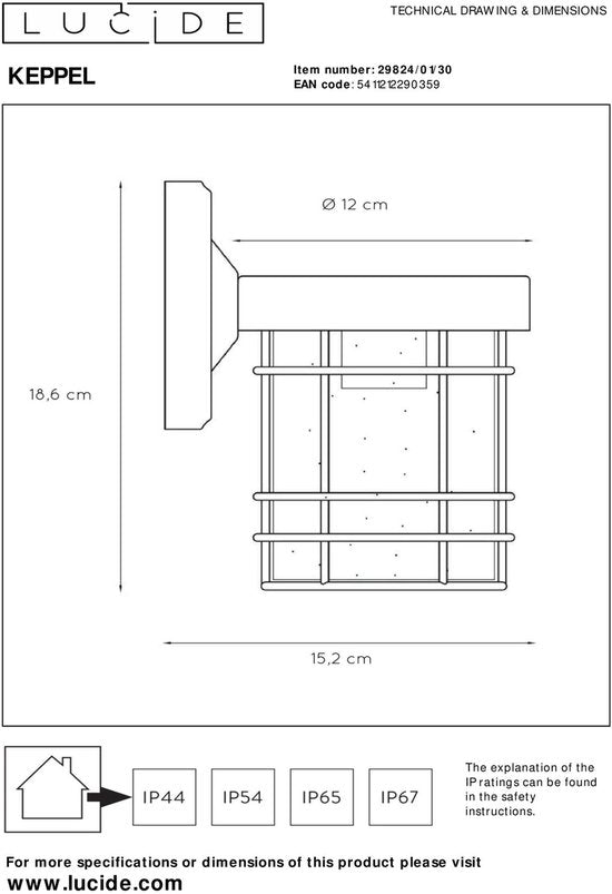 Lucide KEPPEL - Applique murale intérieur/extérieur - 1xE27 - IP23 - Noir