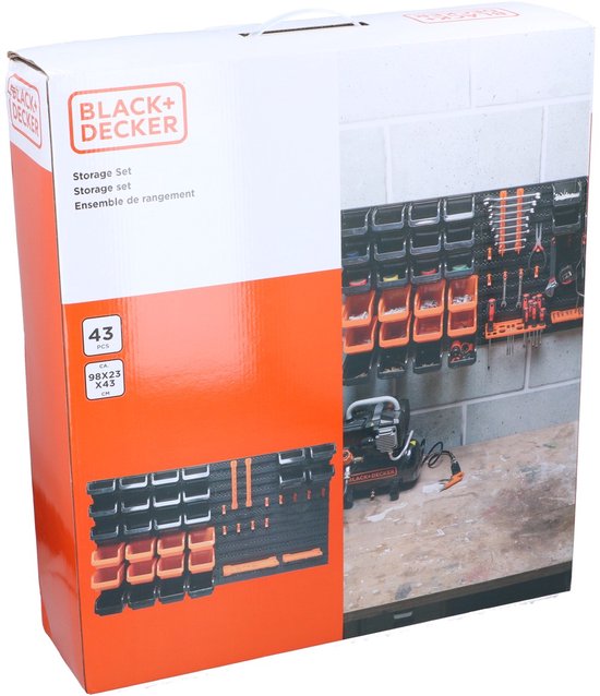 BLACK+DECKER Panneau à outils avec bacs de rangement et crochets - 98 x 23 x 43 cm - 43 pièces - Panneau mural à outils