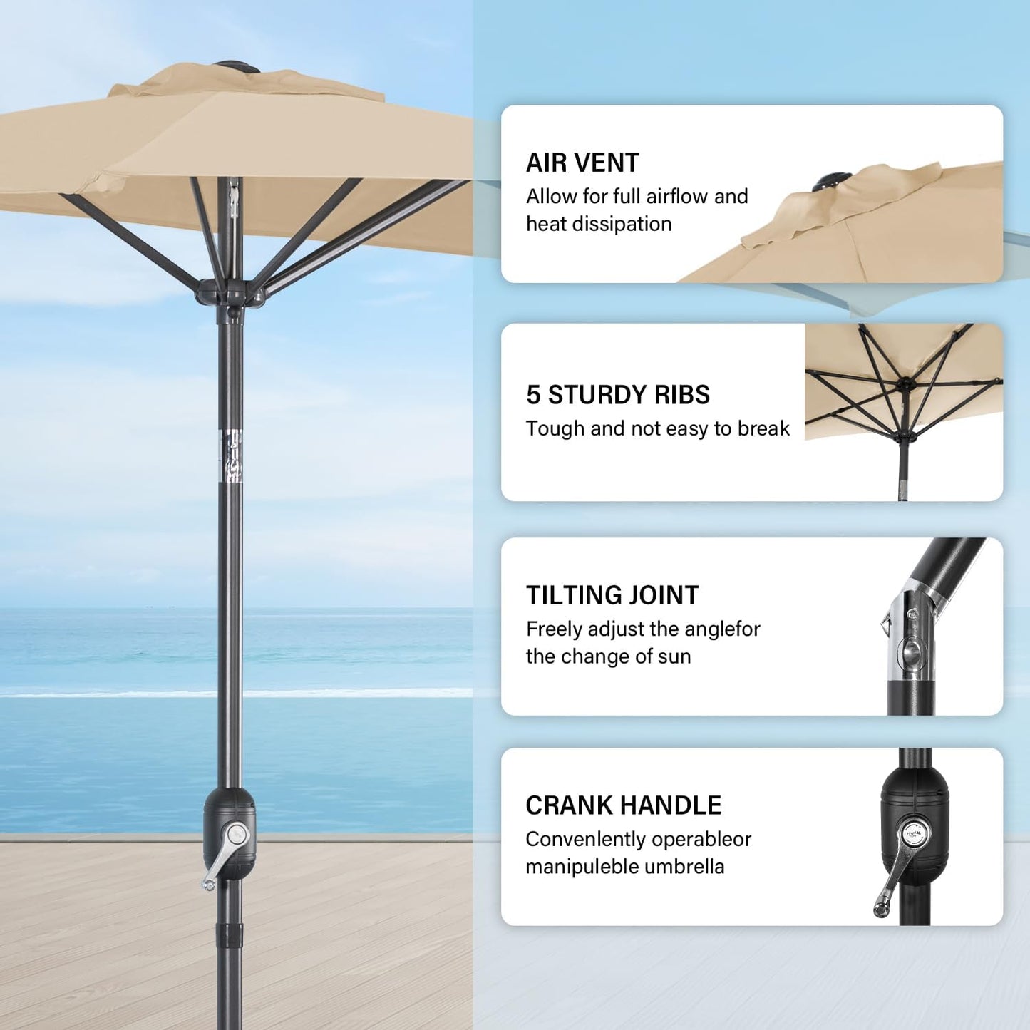 Angel Living Parasol de balcon - Semi-circulaire - 265 x 132 cm - Beige