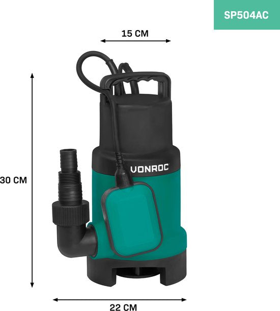 VONROC Pompe submersible - Pompe à eau sale - Pompe à eau - 900W - 16000 l/h - Pour eau sale et propre - Avec flotteur