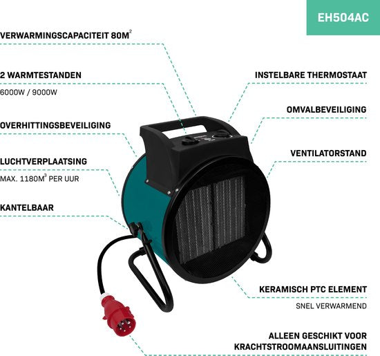 VONROC Chauffage électrique - chauffage soufflant - chauffage d'atelier - puissance 400V - 6000W/9000W - céramique - thermostat - pour pièces jusqu'à 80m2