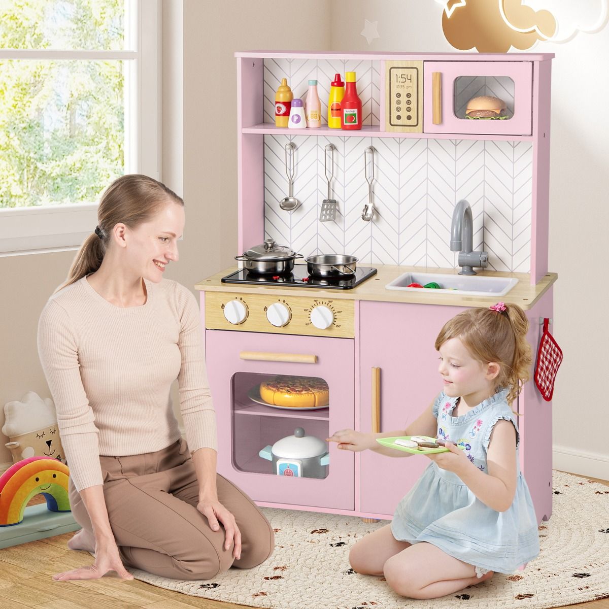 Cuisine jouet en bois Coast pour enfants - lumières et sons - micro-ondes et four - rose