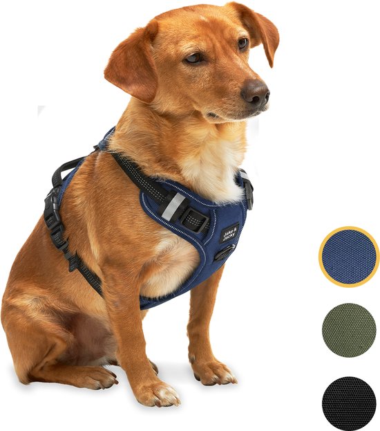 Harnais pour chien Jake and Jacky - Harnais anti-traction - Harnais pour chien - Harnais en Y - Réfléchissant - Bleu - Taille S