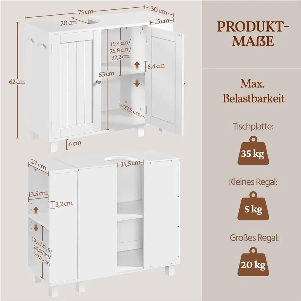 Meuble sous-lavabo Yaheetech 75 x 30 x 62 cm – Blanc – Avec 4 compartiments, des étagères ouvertes et un porte-serviettes